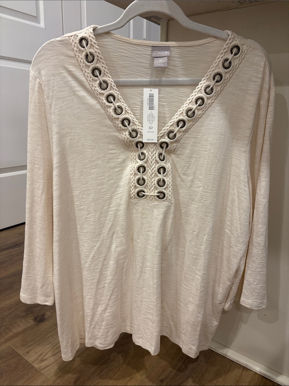 Chico's Cream Eyelet-Trim V-Neck Tunic